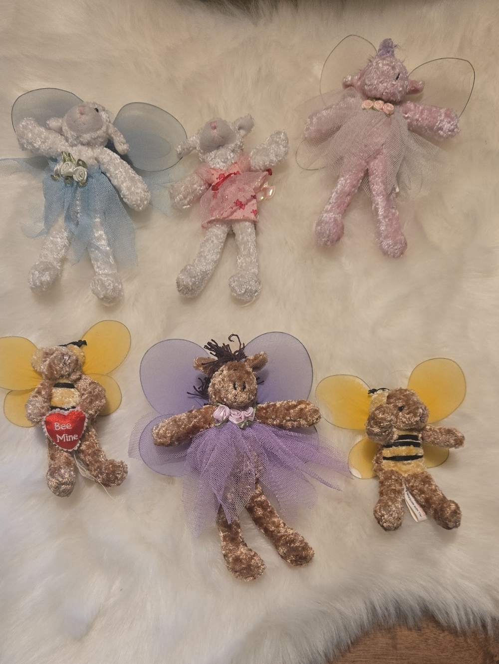 Set of 6 Plush Fairy & Bee Ornament Dolls - Pastel Pink, Blue, Purple, Yellow